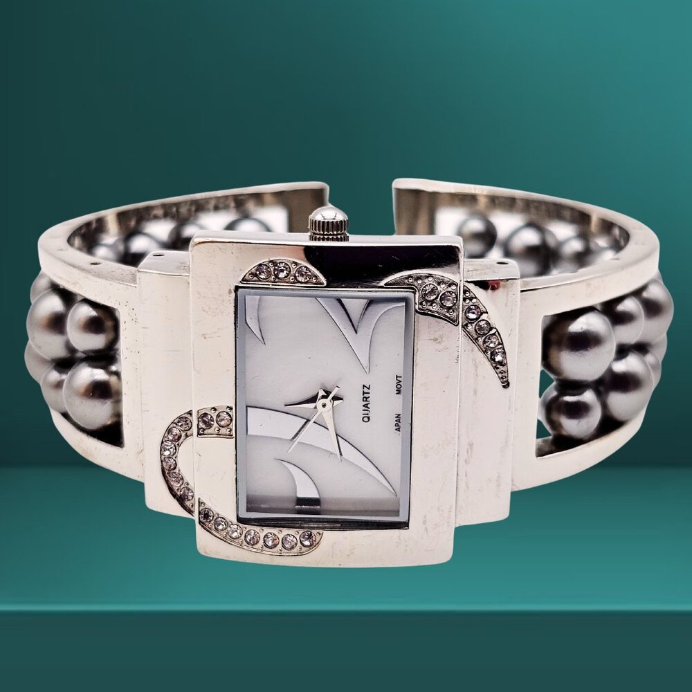 Women’s Silver Cuff Bracelet Watch – Quartz Japan Movement, Crystal Accents